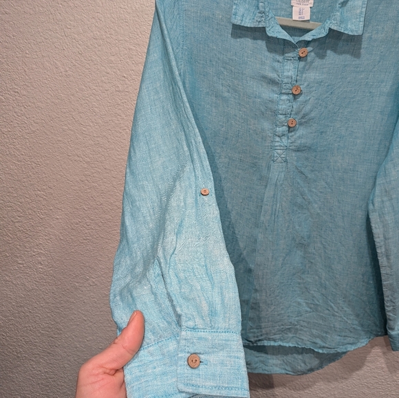 Sigrid Olsen 100% Linen Coastal Button Pullover Blouse Size Small Blue Natural - Picture 5 of 7